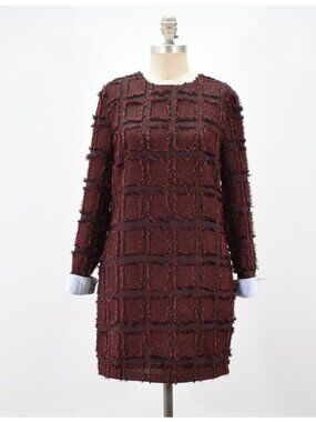 English Factory Burgundy Red Tweed Fringe Mini Shift Dress